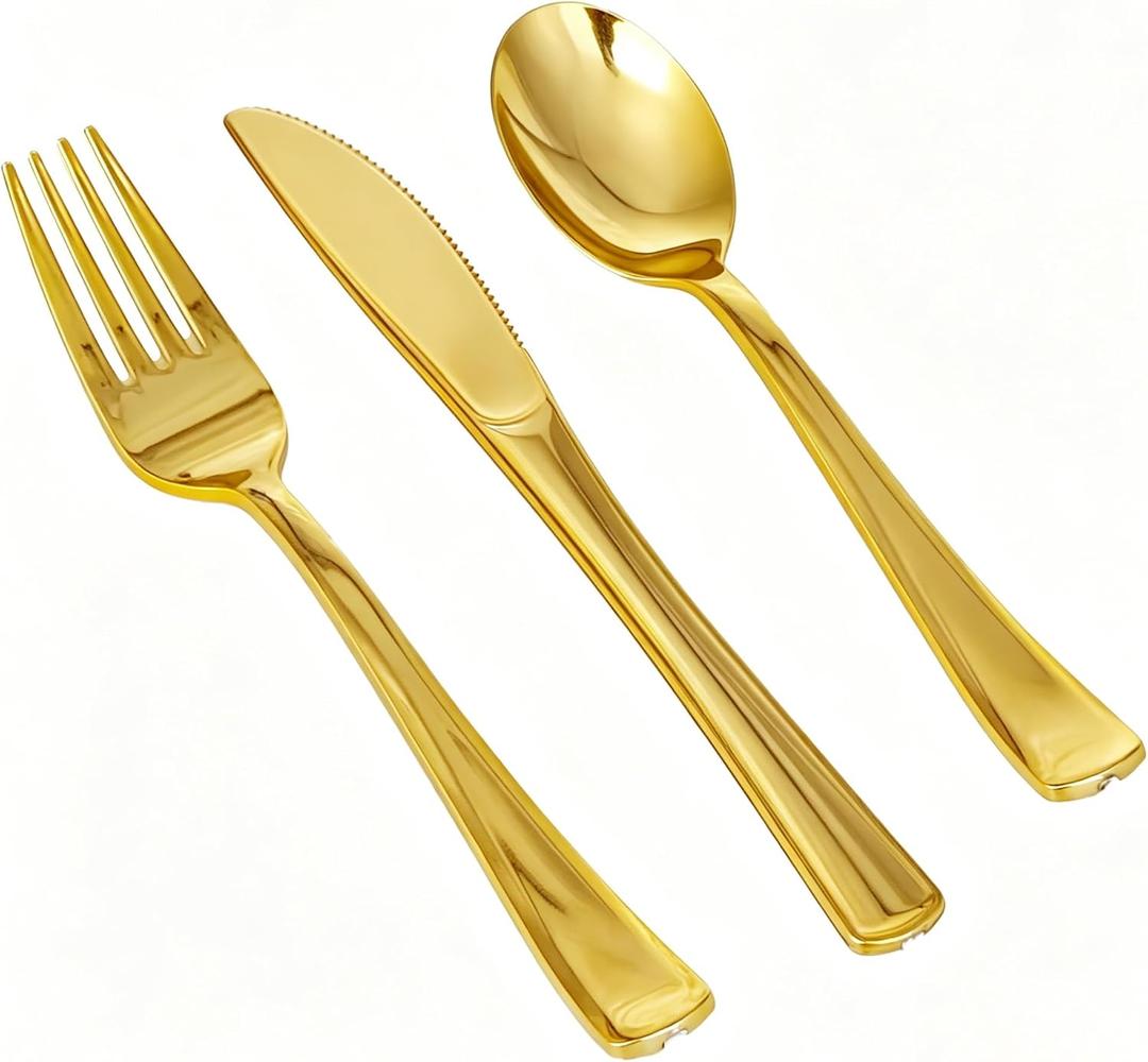 150PCS GzfunTeng Gold Plastic Silverware, Heavy Duty Disposable Cutlery Set Includes 50 Forks, 50 Knives, 50 Spoons for Party, Wedding and Daily Use (150 Pieces, Gold)
