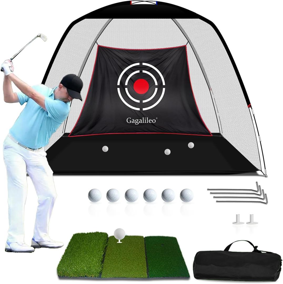 Gagalileo Golf Net: Backyard Driving Real Golf Ball Practice Hitting Training by Turf Mat Target Indoor Outdoor Chipping Swing Gift for Golfers Dad Husband Men (10X7FT, White Straight Pool)