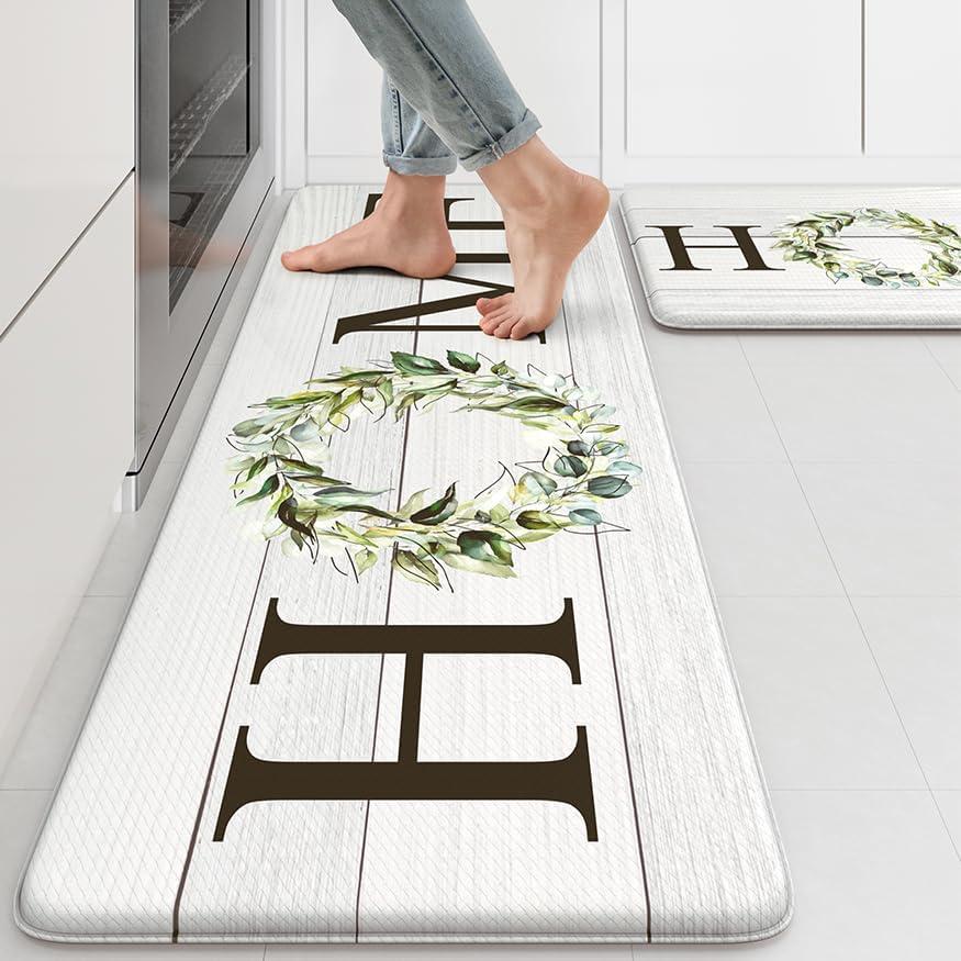 KIMODE Farmhouse Kitchen Mat 2PCS Anti Fatigue Kitchen Rugs Non-Skid Waterproof Kitchen Floor Mat Cushioned Comfort Standing Mat for Office,Laundry,Sink,Home (17.3" X 47"+ 17.3" X 29"--0.47 Inches)