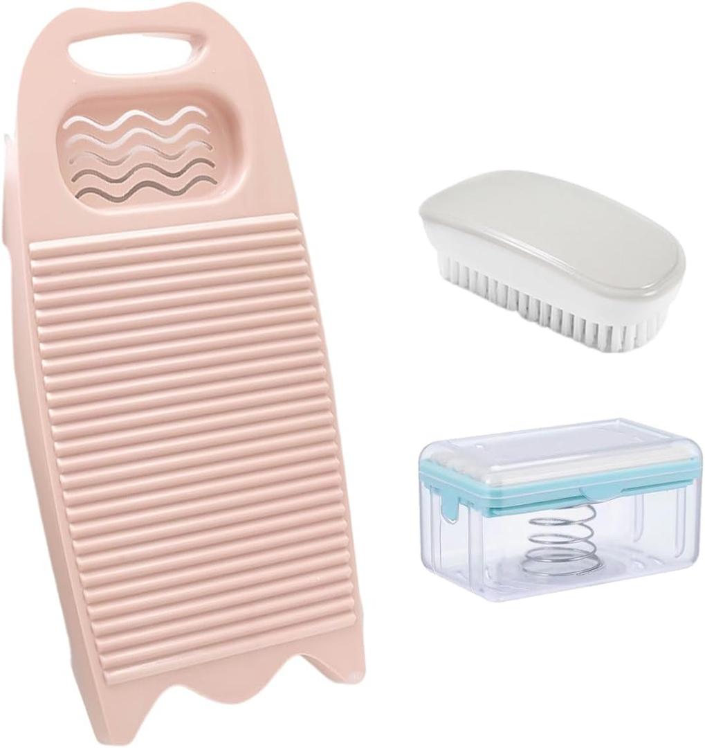 Wash Board, Washboard for Hand Washing Clothes, Plastics Laundry Scrub Board Household With Holder Portable (D-light pink+multifunctional soap dish+soft bristle brush)