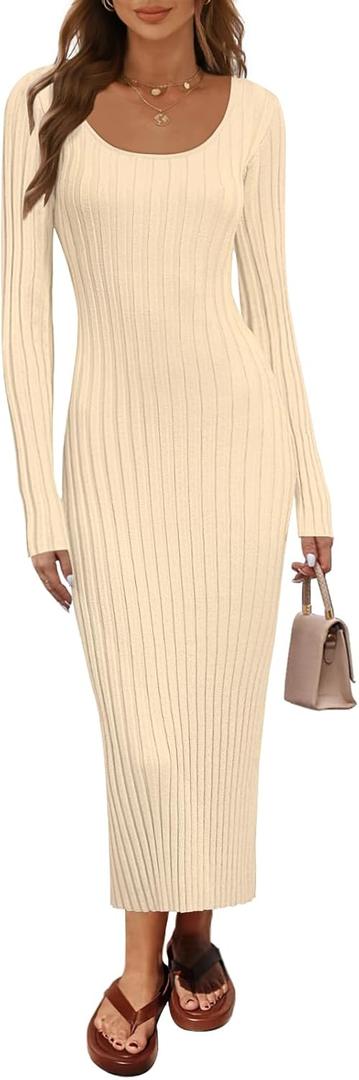 MEROKEETY Women's Fall Long Sleeve Sweater Dress Casual Ribbed Knit Slim Fit Bodycon Maxi Dresses (Beige, L)