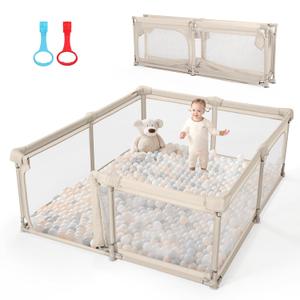Baby Playpen,79"x71" Foldable Playpen for Babies and Toddlers with Gate,Large Play Pen with Zipper Door, Baby Play Pen Play Area(Khaki)