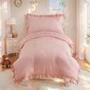 Cozyholy 4 Piece Textured Seersucker Toddler Bedding Set Girls Crib Sheets Set Pink Ruffle Baby Bed Comforter Set Lightweight Bed in a Bag | Include Comforter, Flat Sheet, Fitted Sheet, Pillowcase