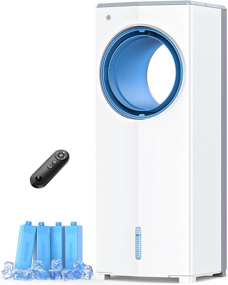 Windowless Air Conditioner, 27" Bladeless Evaporative Air Cooler with 4 Modes & 3 Speeds, Double Tanks, 4 Ice Packs, 25FT Remote,7H Timer, Portable Swamp Cooler Air Conditioner No Window Needed, 10.24" X 9.84" X 26.38"