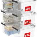 Cetomo 60Qt*6 Plastic Storage Bins, Storage Box, 6 Pack, Organizing Container with Wheels, Durable Lids and Secure Latching Buckles, Stackable and Nestable, Clear with Black Buckle