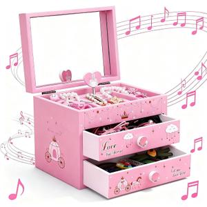 Musical Jewelry Box Jewelry Organizer Box for Women Girls with 2 Pullout Drawers,Wooden Storage Box Princess Jewelry Boxes,Castle Design Kids Jewelry Box for Little Girls Birthday Christmas Gift