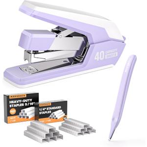 Effortless Stapler for Desk with 40-50 Sheet Capacity, 2000 Staples, 1-Touch Stapling, Ergonomic & Easy to Load Desktop Staplers, Heavy Duty Stapler, and Magnetic Staple Remover, Purple