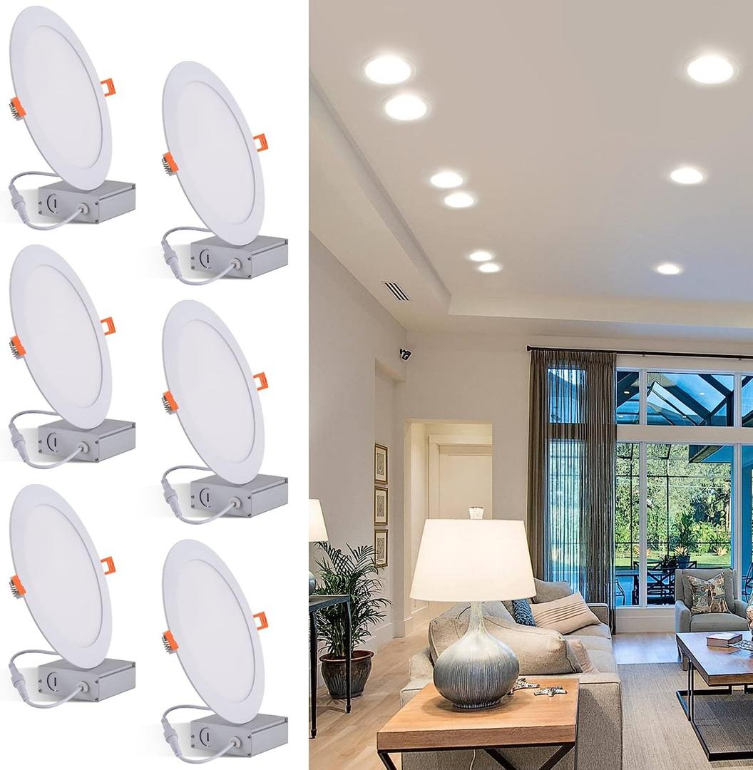 8 Inch LED Recessed Light with Junction Box, 6 Pack Ultra Thin LED Recessed Lighting.6000K Daylight, No Dimmable,18W 8" Recessed Ceiling Canless Wafer Downlight Slim Can-Killer Lights,CRI80+