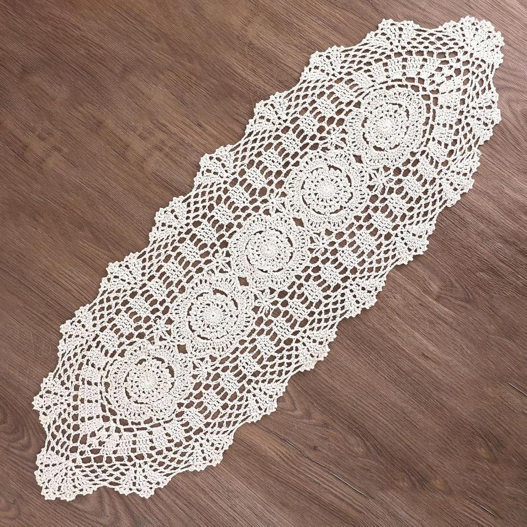 Oval Lace Table Runner Doilies, Cotton Handmade Crochet Lace Table Runner Beige, Hand Crochet Lace Table Runner, Floral Table Scarf Furniture Cloth Cover, Handmade Crochet Placemats(12x31.5 inch)