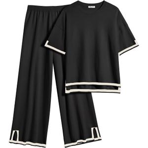 Ekouaer Lounge Set for Women Travel Outfits 2 Piece Sets Short Sleeve Sweater Top Wide Leg Long Pants Loungewear, XL