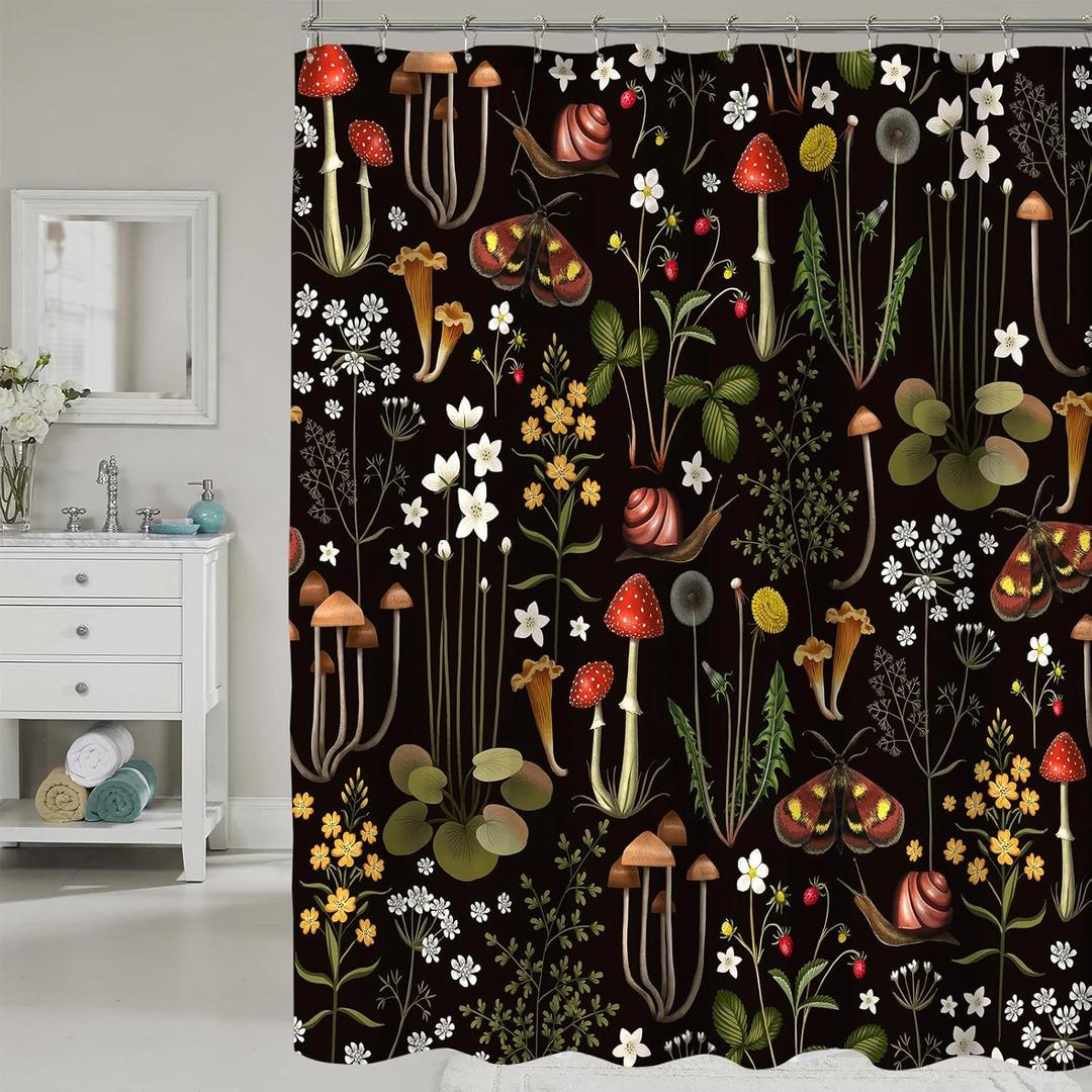 COSEVIER Boho Mushroom Shower Curtain for Bathroom, Black Vintage Leaves Flowers Plant Botanical Fabric Bath Decoration Set with Hooks 72x72 Inch