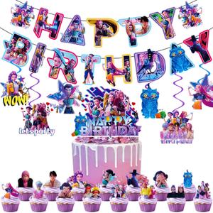 23 Pcs Anime Party Decorations, Cute Cartoon Happy Birthday Decorations, Includes 1 Birthday Banner, 6 Suspension Decor, 1 Cake Topper, and 15 Dessert Toppers.