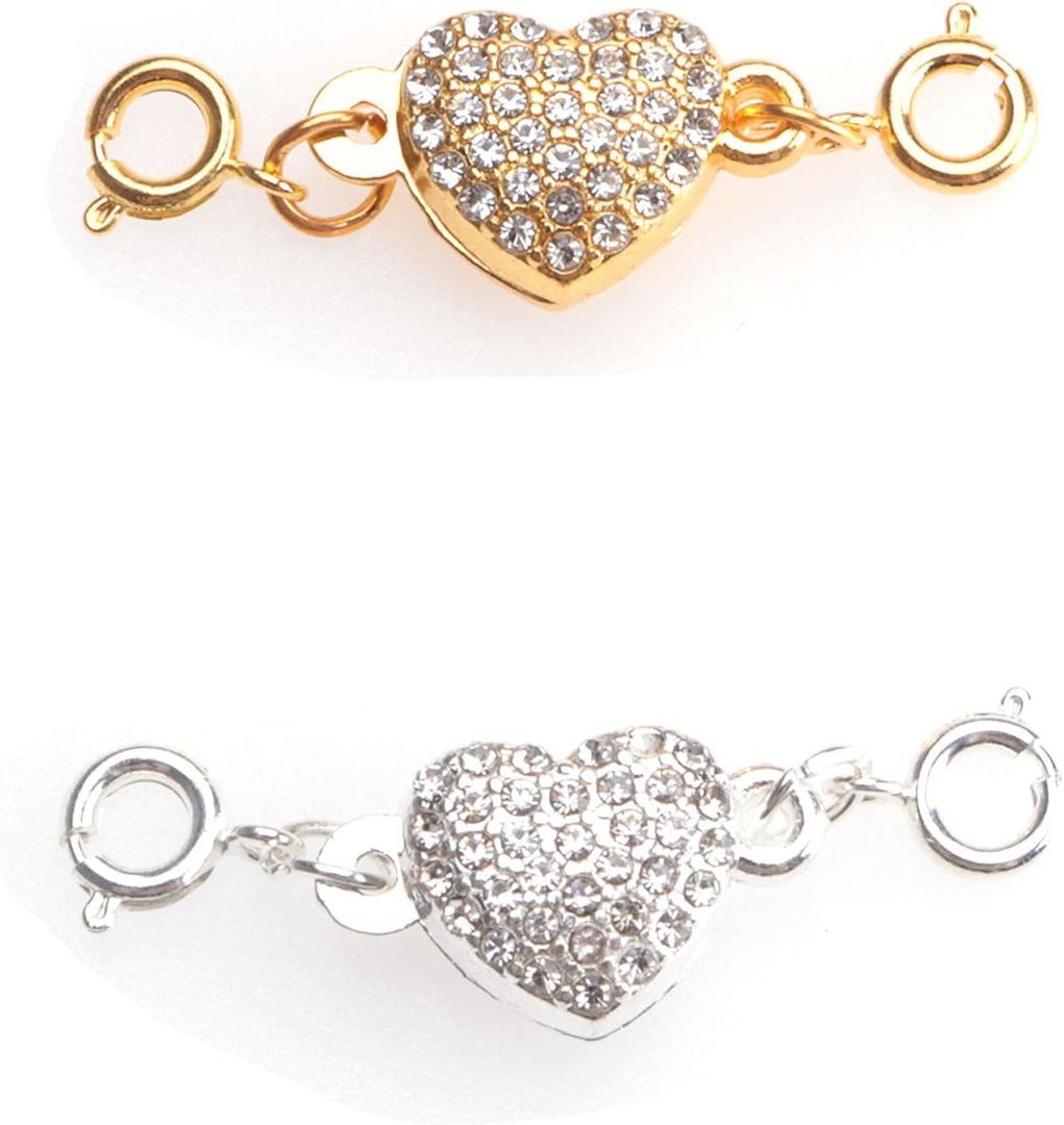 Ruwado 2 Pcs Locking Magnet Clasps Heart Shape Rhinestone Chain Extenders Closures Connector for Necklace Bracelet Women DIY Jewelry Making Supplies Accessories (Silver and Gold)