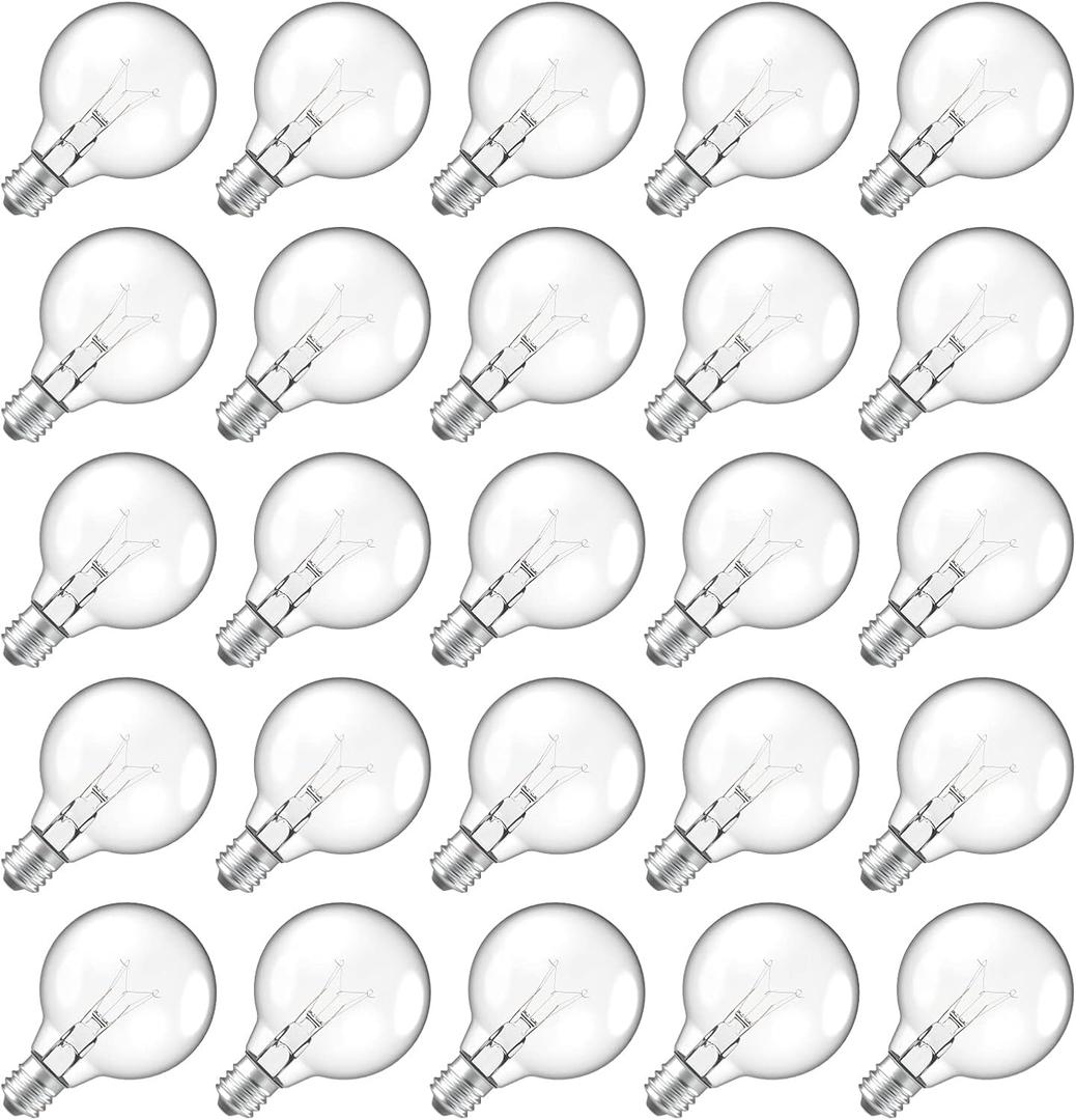 Meconard G40 Replacement Light Bulbs, E12 Candelabra Screw Base 5watt Dimmable Clear Glass Globe Incandescent Bulbs for Indoor Outdoor String Lights,Warm White, 25 Pack