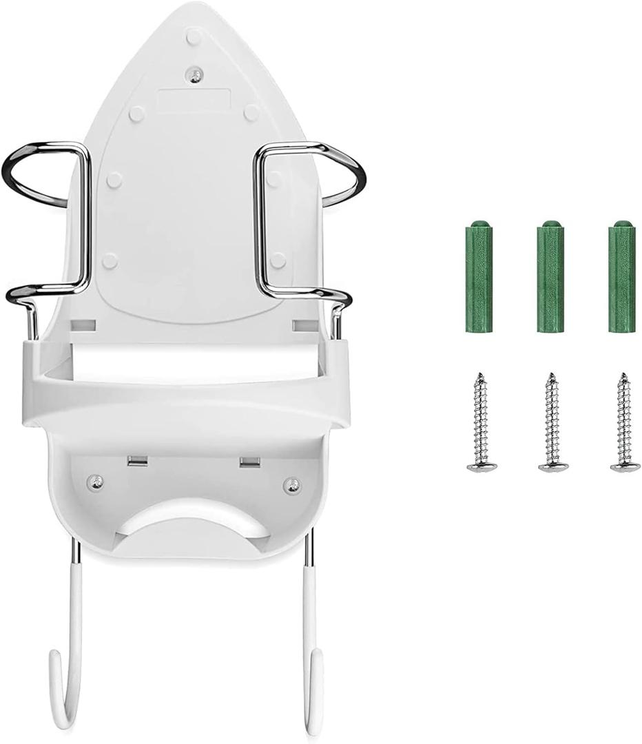 DOUBLE 2 C Ironing Board Hanger Wall Mount Electric Iron Holder Iron and Ironing Board Storage Organizer Shelf with Removable Hooks for Household Bathroom Laundry Room (White)