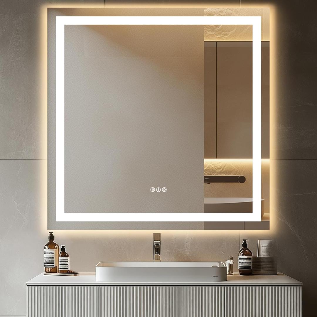 36"x 36" LED Bathroom Mirror with Stepless Dimmable, Backlight Wall Mirrors with Anti-Fog Bathroom Digital Mirror for Wall, 3 Color Modes, Memory Function Smart Mirror