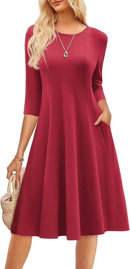 GRACE KARIN Fall Dresses for Women 2025 Casual 3/4 Sleeve Dress A Line Fit and Flare Midi Dress with Pockets Large
