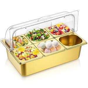 Ziliny Countertop Food Serving Display Container Clear Roll Top Cover 6 Pan Stainless Steel Ice Food Buffet Server Salad Bar Pizza Topping Station Condiment Dispenser Restaurant Kitchen Party(Gold)