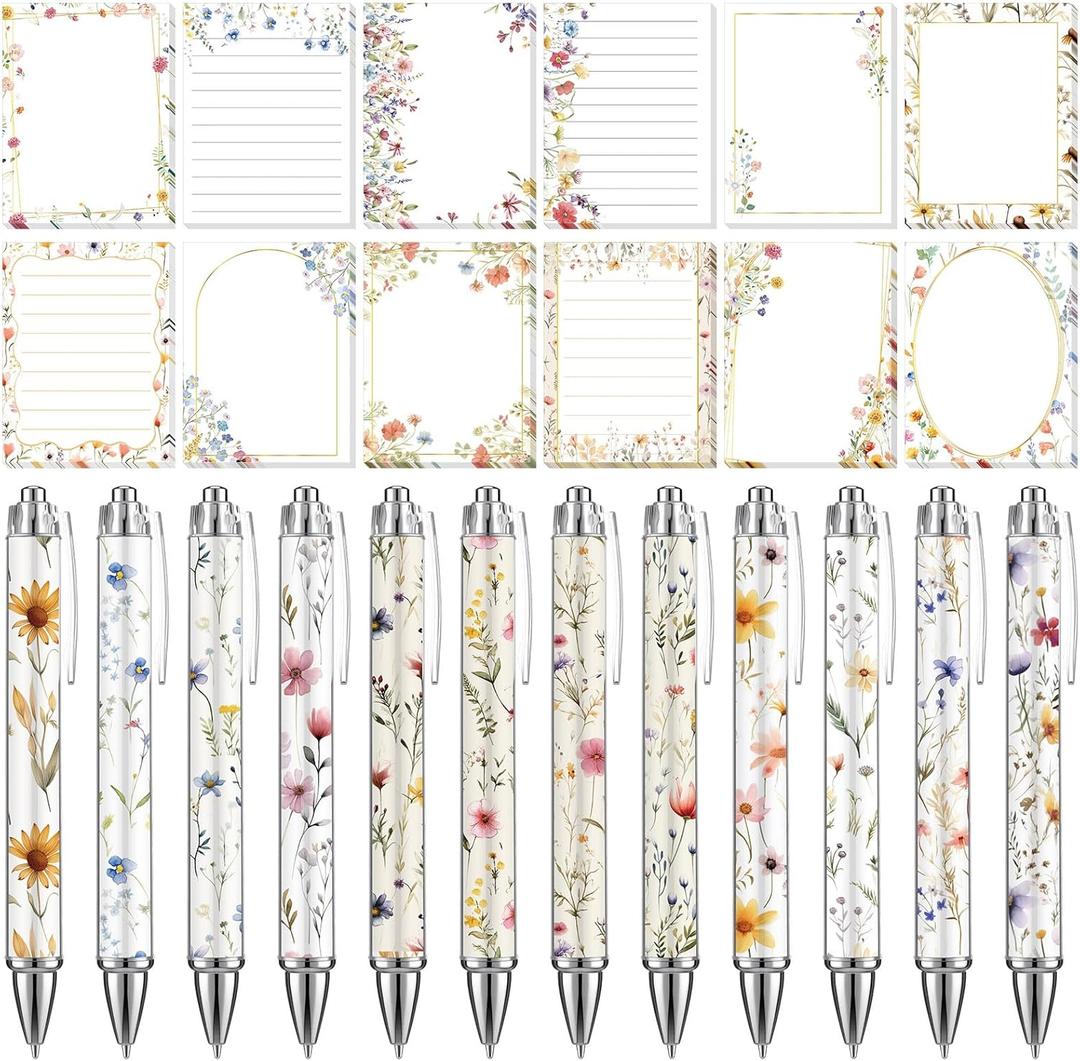 Glenmal 24 Pcs Wildflower Sticky Notes with Pens Floral Theme Teacher Gifts for Women to Do List Memo Pads Self Adhesive Notepads Black Ink Ballpoint Pen for Spring Birthday Party Favors(Classic)