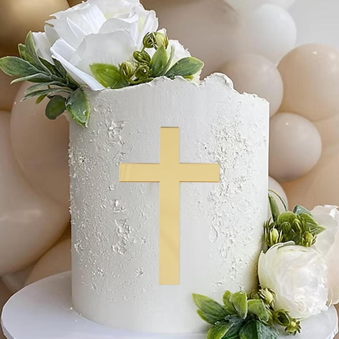 Golden Cross Cake Topper - First Holy Communion Party Decorations,Acrylic Cross Cake Topper Photo Props,God Bless Baptism Centerpiece,Religious Birthday Wedding Party Decorations
