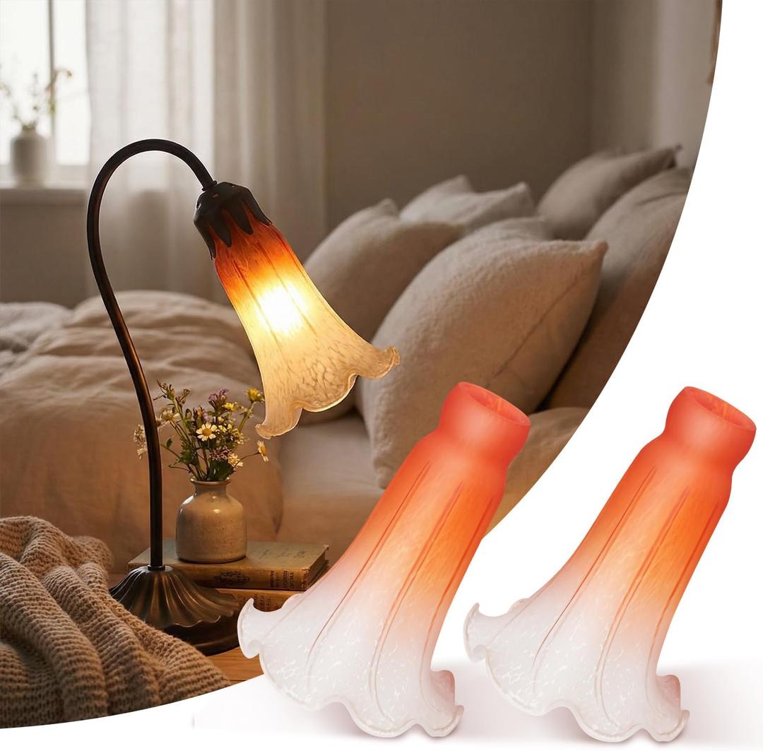 2 Pack Lily Flower Blown Glass Lampshade Orange White Glass Lamp Shade Replacement for Table Floor Lamps, I. D. 1.26" x O. D. 1.5", Fits E12 Base