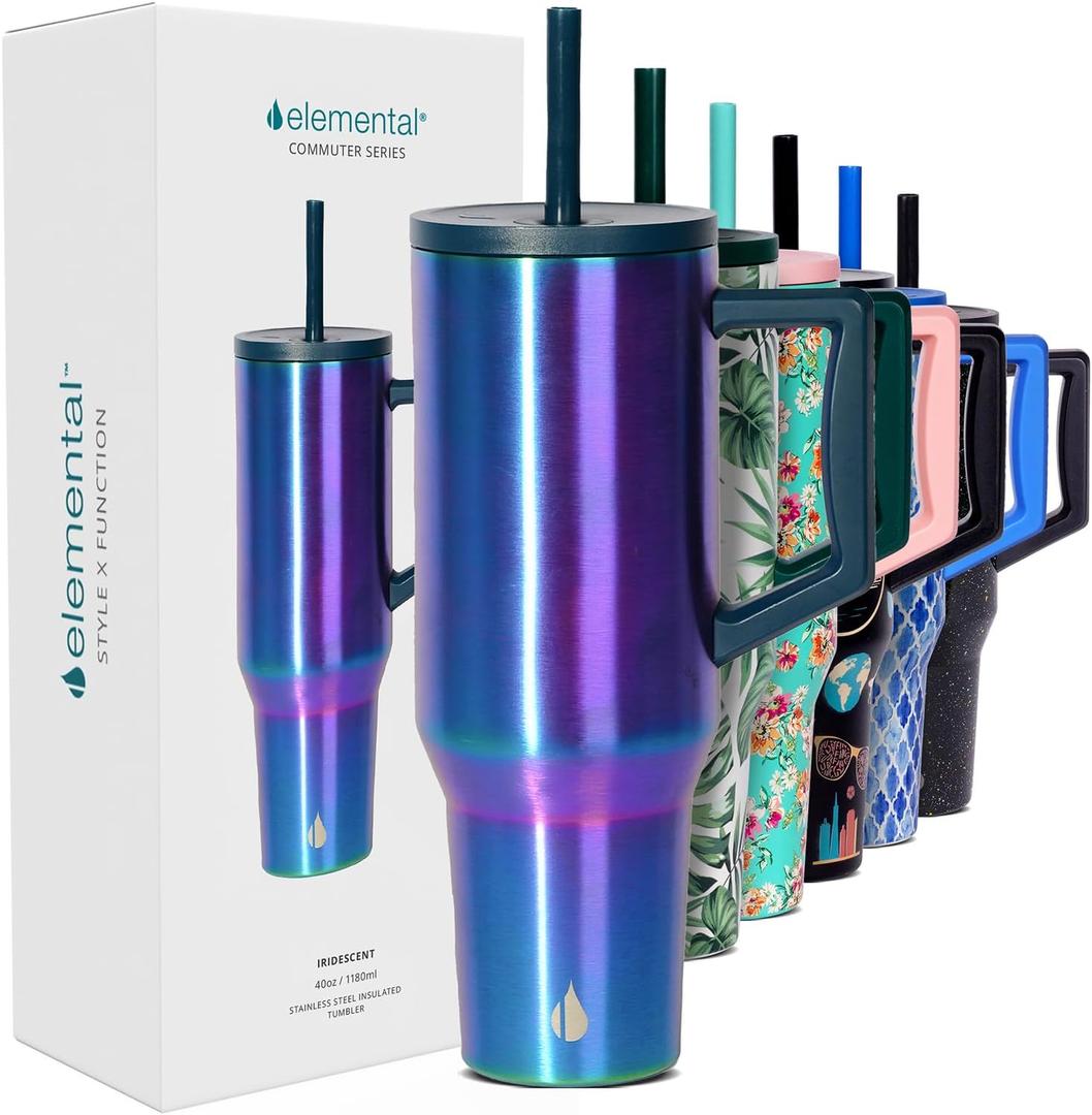 Elemental 40 oz Tumbler with Handle and Straw - Spill Proof Insulated Stainless Steel Commuter for Cold Beverages - Travel Coffee Mug with 2 Straws & Spill Proof Lid - 40oz - Iridescent