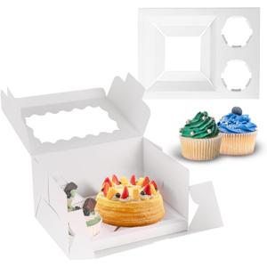 JCD 8 Packs Bento Cake and Cupcake Box 3 Holes Fit 2 Cupcakes and 1 Mini Cake Box with Clear Window and Stickers for Wedding Birthday Party Bakery Baking Supplies (1+2/8pcs)