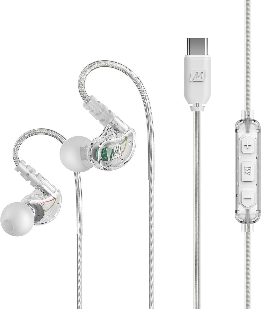 MEE audio M6 Sport USB-C Wired Earbuds with Memory Wire Earhooks, Headset with Mic & 3-Button Remote for iPhone 15, iPad, Other USB Type C Devices; in Ear Headphones for Running/Gym/Workouts, Clear