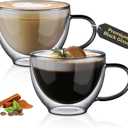 ecooe Black Double Walled Glass Coffee Mug 12 oz Latte Cappuccino Cups Set of 2 Coffee Cups with Handle, Heat Resistant Double Wall Glass Cup for Tea Milk Juice Ice Cream, Birthday Gifts for Mum Dad