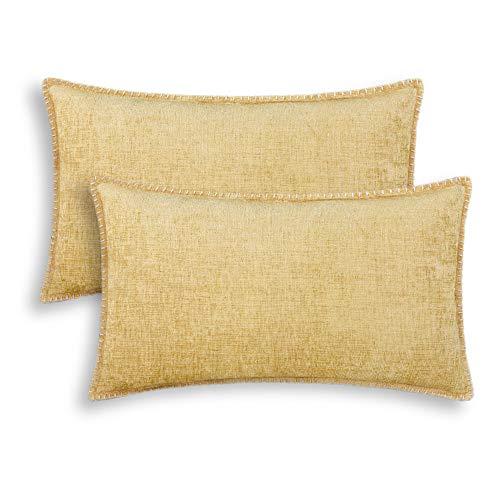 CaliTime Throw Pillow Covers Decorative 12 X 20 Inches Pack of 2 Cotton Thread Stitching Edges Solid Dyed Soft Chenille Cushion Cases for Couch Sofa Bed Living Room Farmhouse Gold