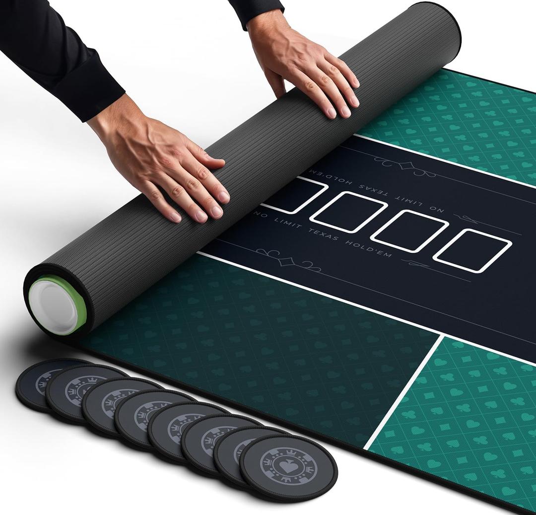 Newverest Poker Table Top 70" x 35", Texas Hold'em Poker Mat for Home Game Nights Up to 10 Players, Blackjack, Casino | Poker Topper for Tables in Zipper Storage Bag with 8 Coasters in Gift-Ready Box (Green With Black Edges)