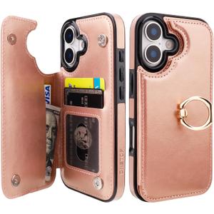 ONETOP for iPhone 17 Wallet Case with Card Holder, 360 Rotation Ring Kickstand RFID Blocking PU Leather Double Magnetic Clasp Shockproof Cover for Women and Girls 6.3 Inch (Rose Gold)