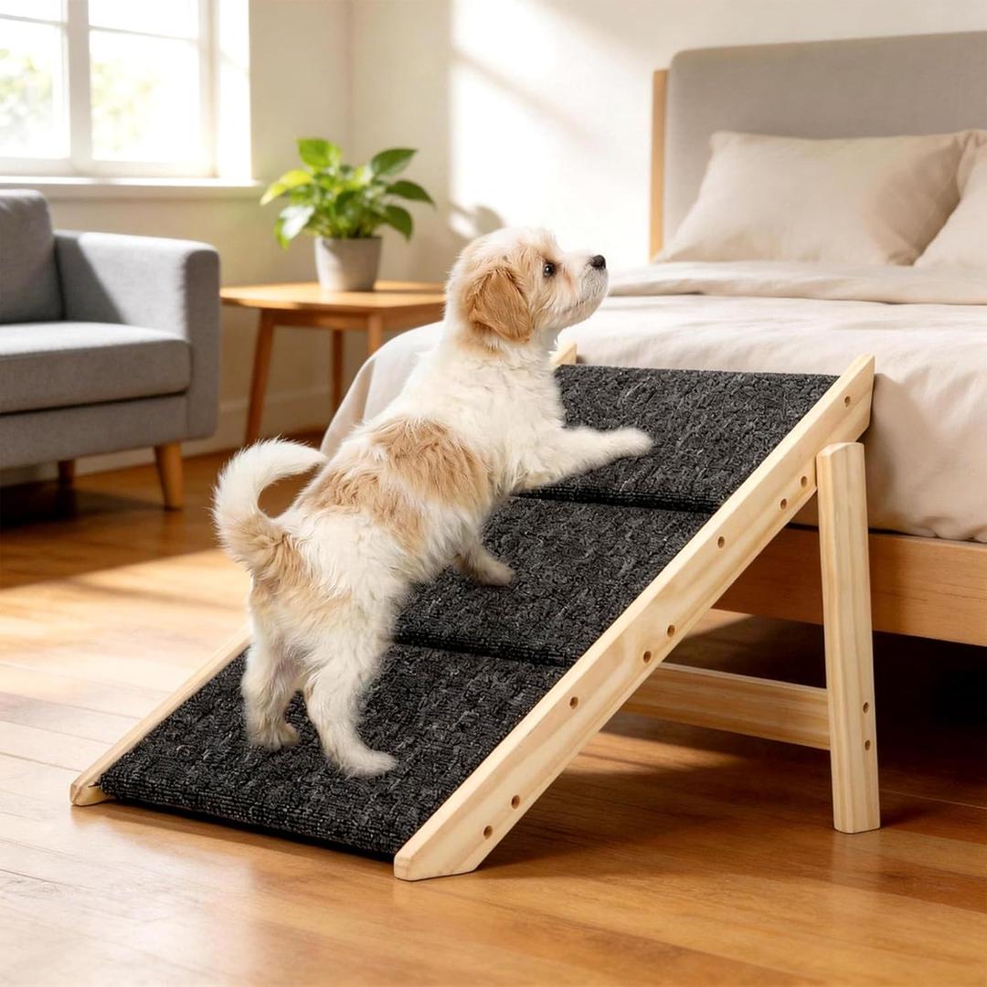 Dog Ramp, Durable Pet Stairs for High Beds, 2-in-1 Foldable Wooden Dog Steps for Couch and Car, Joint-Friendly Stairs for Senior Dogs, Non-Slip Carpeted Pet Steps with High-Weight Capacity