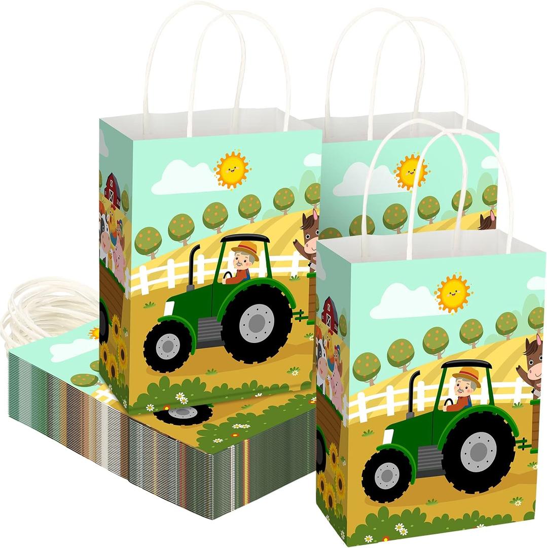 Tudomro 24 Pcs Tractor Party Gift Treat Bags Green Farm Party Goodie Bags with Handles for Farm Green Tractor Birthday Supplies Decorations Favors