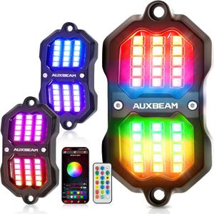 Auxbeam 2 Pods RGB Rock Lights with Brake Mode LED Dynamic Color Changing Underglow Kit w/Bluetooth APP&Remote Control Music Voice Sync Waterproof for Trucks ATV Car  (NO Controller)