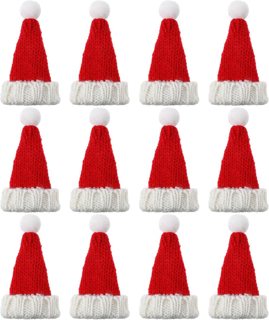 Bencailor 12 Pcs Mini Santa Hats for Crafts Small Christmas Knit Hat Tiny Snowman Wine Bottle Cover Holder Doll Cap for Table Cover (Classic)