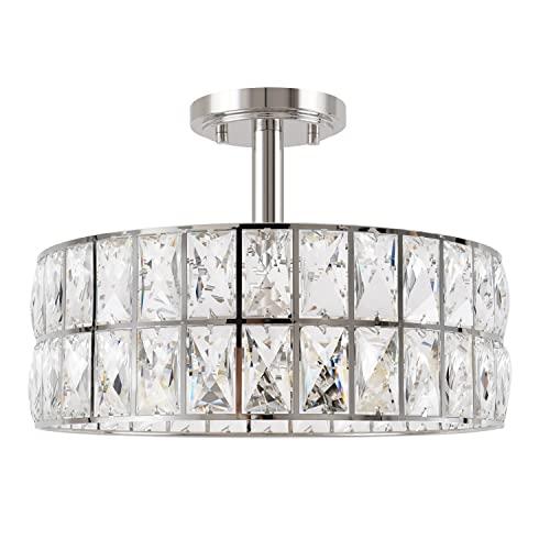 Doraimi Lighting Crystal Drum Ceiling Light Nickel 14 Inch 3 Light Semi Flush Mount Farmhouse Fixture for Living Room Dining Room Bedroom Kitchen Island Hallway