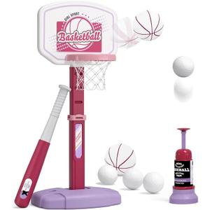 2 in 1 Kids Basketball Hoop and T Ball Set - Adjustable Height, Kids Baseball Tee with Automatic Pitching Machine, Indoor Outdoor Sport Toys Gifts for Toddler Boys Girls Age 1-5, Pink