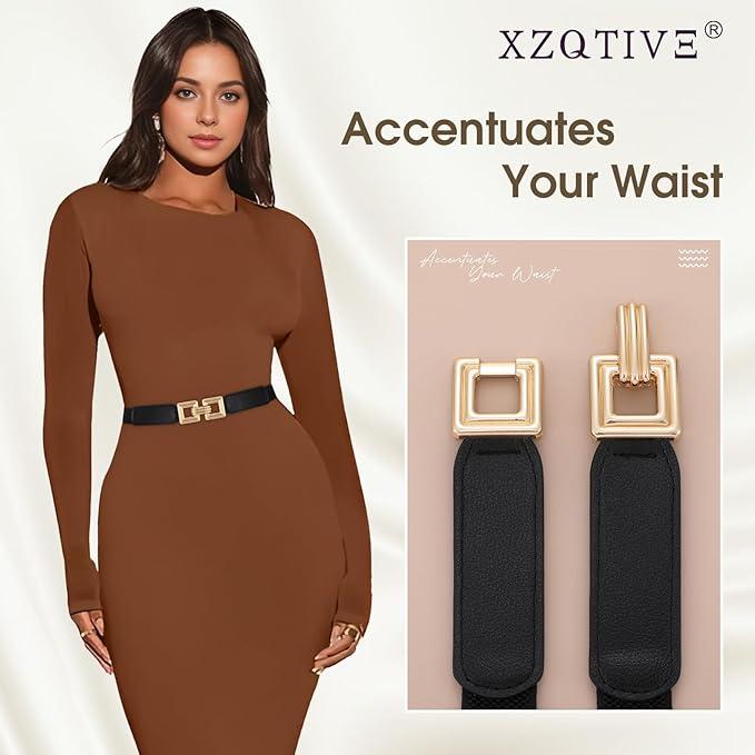 XZQTIVE Women Skinny Stretchy Cinch Belt for Dresses, Thin Elastic Belt Ladies Waist Belt with Retro Gold Buckle, 2.5*70