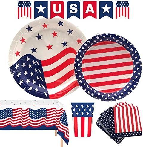 Pack Of 2 Oojami 4th of July Party Set for 18 Guests – Includes USA Flag Plates, Cups, Napkins, Table Cover & Banner – Patriotic Red White Blue Decorations – Independence Day BBQ Supplies