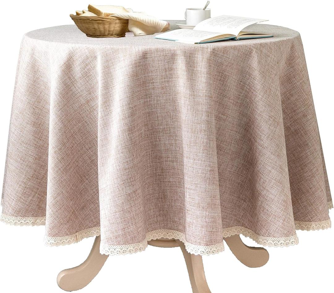 Linen Rustic Burlap Washable Tablecloth,Solid Heavy Weight 70 Inch Round Overlay Lace Edge Table Cover for Kitchen Dinning Decoration