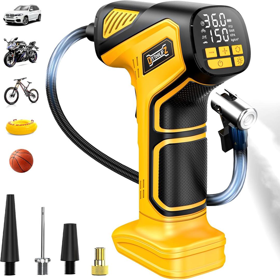 DIYtoolifz 150PSI Tire Inflator Portable Air Compressor: Cordless Air Pump Compatible with Dewalt 20V Battery - Car Tire Pump with Digital Pressure Gauge & LED Light for Auto, Motorcycles (Bare Tool)