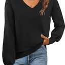 MEROKEETY Women's 2025 Fall Long Sleeve Sweater V Neck Winter Tops Casual Lightweight Knit Pullover Shirts (X-Large, Black)