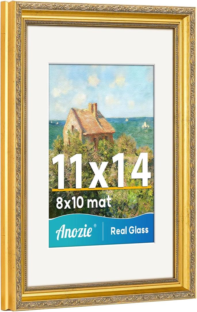 Vintage 11x14 Picture Frame,Antique Gold Photo Frames with Real Glass Front,Ornate Picture Frames Display 8x10 with Mat or 11x14 Frame Without, Wall Dcor,1 Pack,Gold