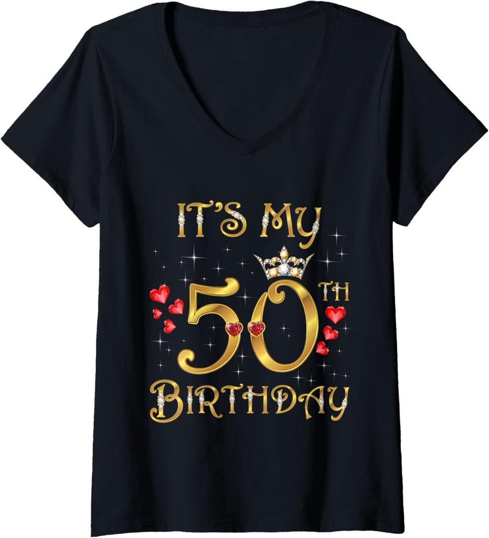 Womens It's My 50th Birthday Party 50 Years Old Queen Cool V-Neck T-Shirty  Small