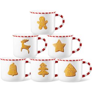 Vesici 6 Pcs Christmas Mugs Set 10 oz Xmas Ceramic Coffee Mug Candy Cane Handle Hot Cocoa Mug Gift for Hot Chocolate Coffee Holiday Mornings Winter Holiday Family Gift (Gingerbread House)
