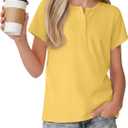 Girl's Short Sleeve Shirts Henley Round Neck Button up Tops Loose Fit Summer Basic Tees