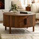 ZttRiee Coffee Table for Living Room, Modern Round Coffee Table with Cabinets & Sliding Doors, Home Small Space, 29.9" Fluted Center Table, Walnut