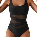 B2prity Women's Mesh One Piece Swimsuit Tummy Control Sexy Bathing Suit Push Up Swim Suit Slimming Swimwear, Medium