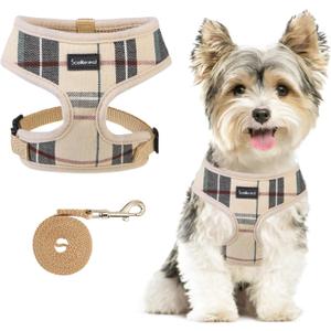 SCENEREAL Puppy Dog Harness with Leash Set for Small Medium Dogs, Soft Mesh Step in Pet Harnesses and Leash, No Chock Plaid Adjustible No Pull Vest (XS: Chest Girth: 10"-14", Beige)
